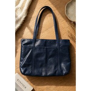 Vintage Navy Blue Leather Shoulder Tote Classic Minimalist 90s Slouchy Work Bag